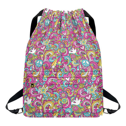 Groovy Girly Peace Pattern Print Drawstring Backpack