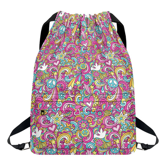 Groovy Girly Peace Pattern Print Drawstring Backpack