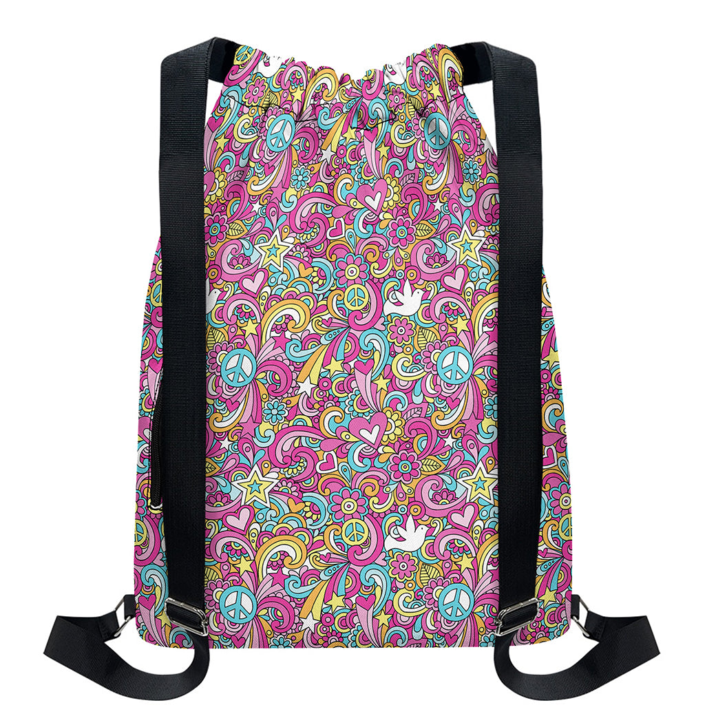Groovy Girly Peace Pattern Print Drawstring Backpack