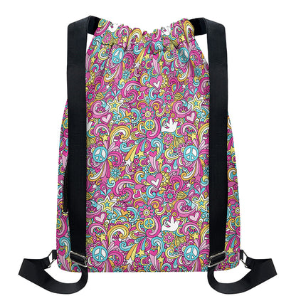 Groovy Girly Peace Pattern Print Drawstring Backpack
