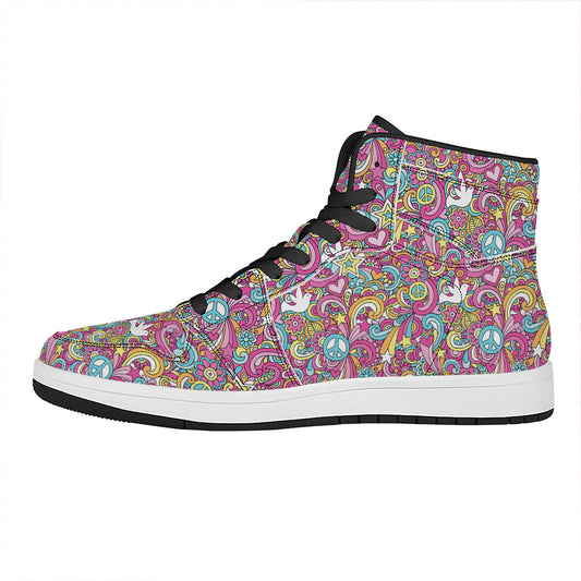 Groovy Girly Peace Pattern Print High Top Leather Sneakers