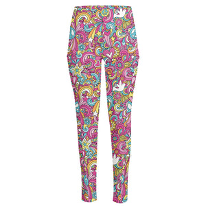 Groovy Girly Peace Pattern Print High-Waisted Pocket Leggings