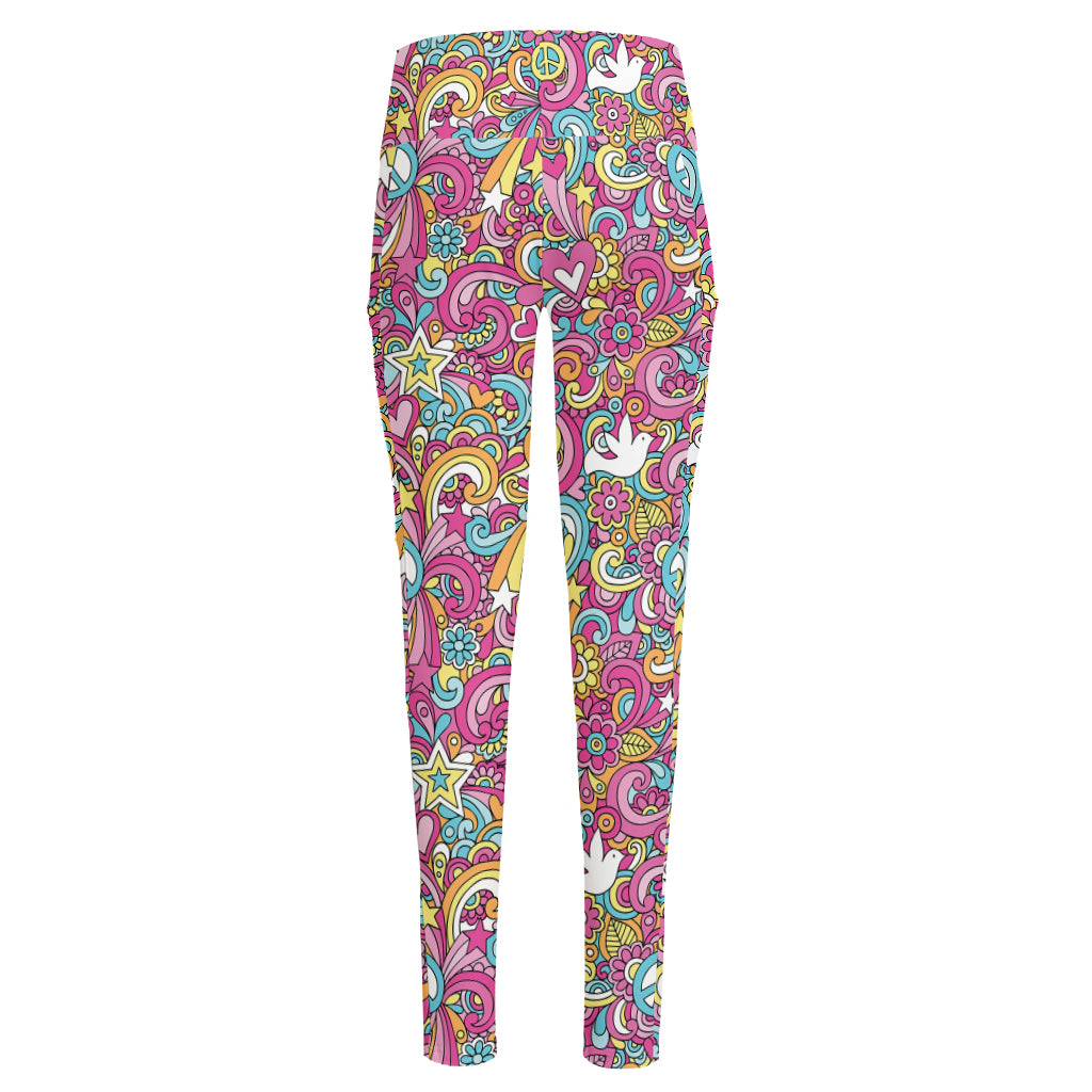 Groovy Girly Peace Pattern Print High-Waisted Pocket Leggings