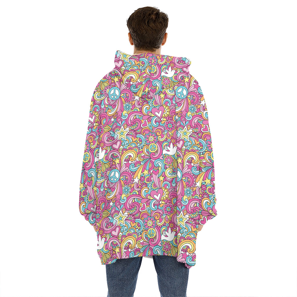 Groovy Girly Peace Pattern Print Hoodie Blanket