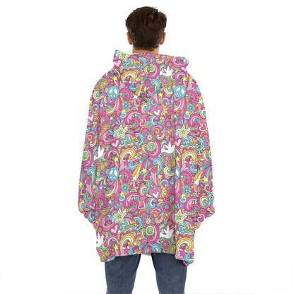 Groovy Girly Peace Pattern Print Hoodie Blanket