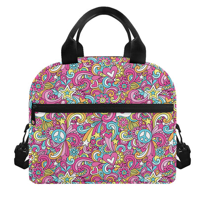 Groovy Girly Peace Pattern Print Insulated Lunch Bag