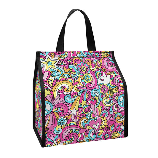 Groovy Girly Peace Pattern Print Insulated Lunch Tote