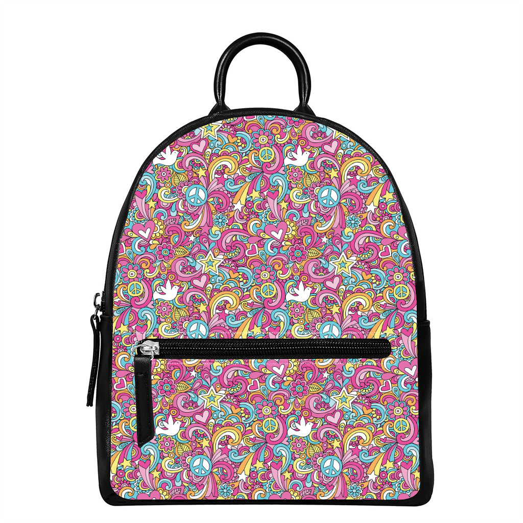 Groovy Girly Peace Pattern Print Leather Backpack