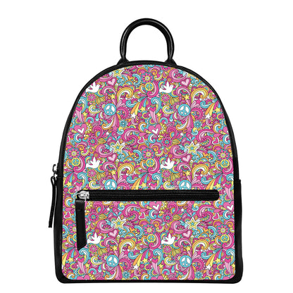 Groovy Girly Peace Pattern Print Leather Backpack