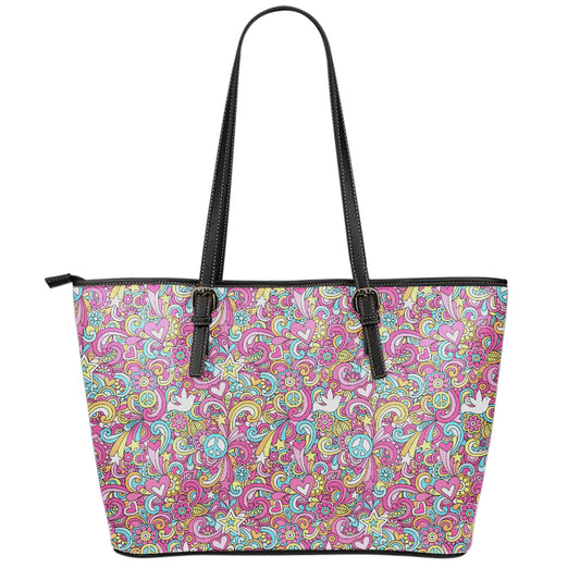 Groovy Girly Peace Pattern Print Leather Tote Bag