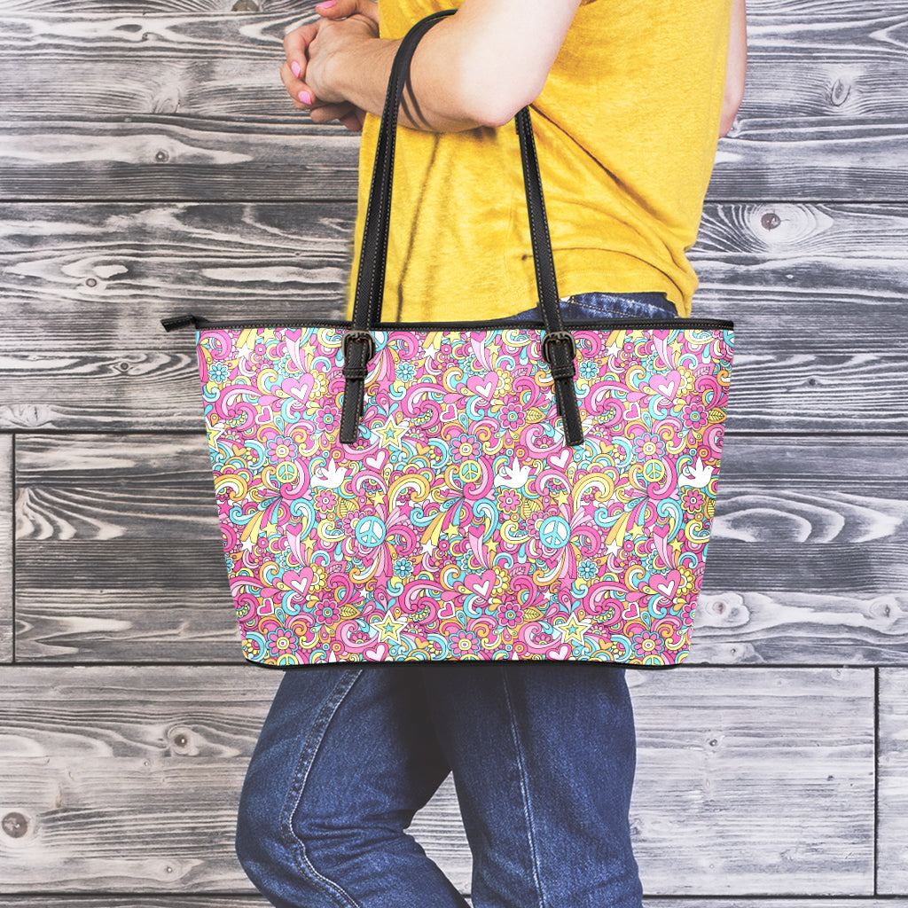 Groovy Girly Peace Pattern Print Leather Tote Bag