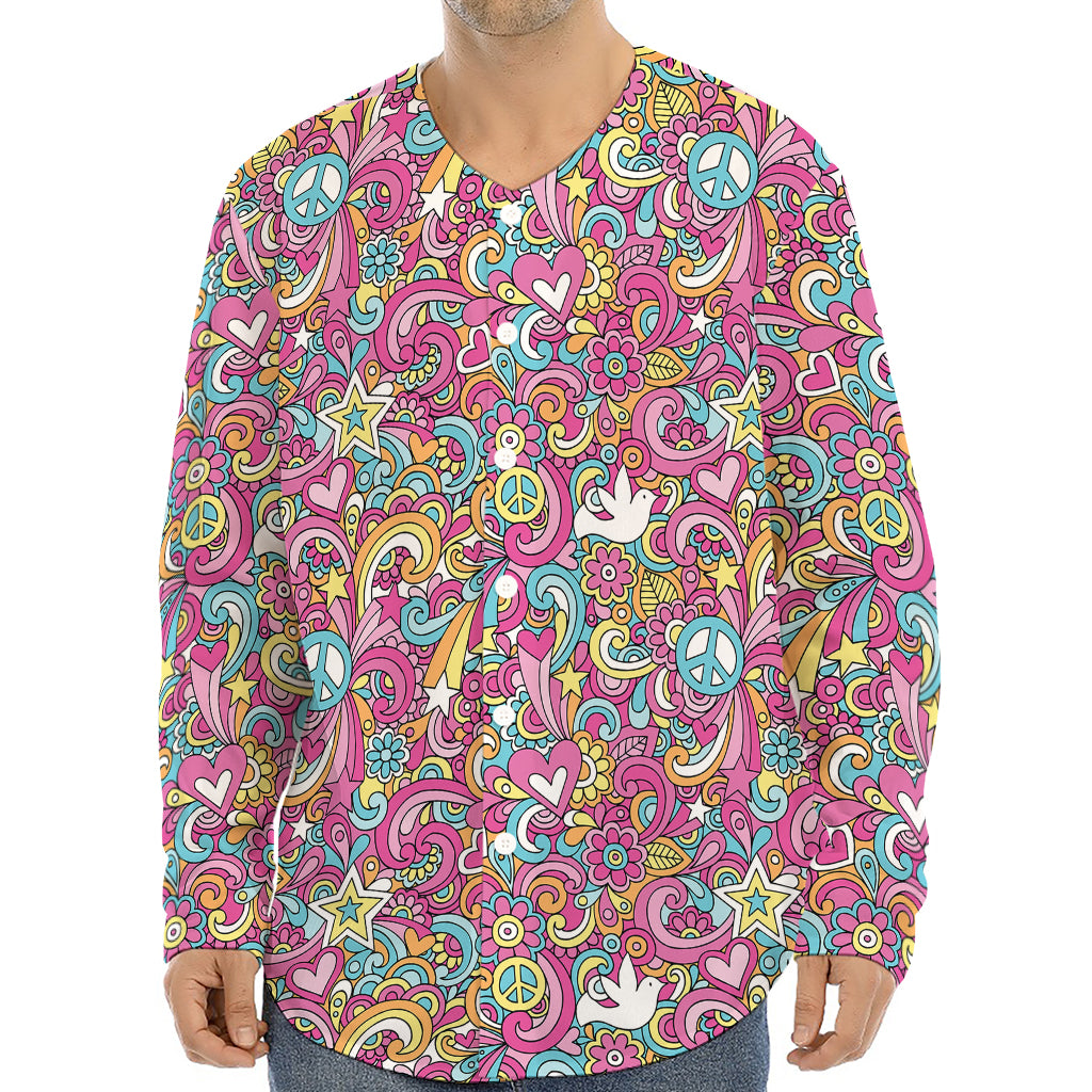 Groovy Girly Peace Pattern Print Long Sleeve Baseball Jersey