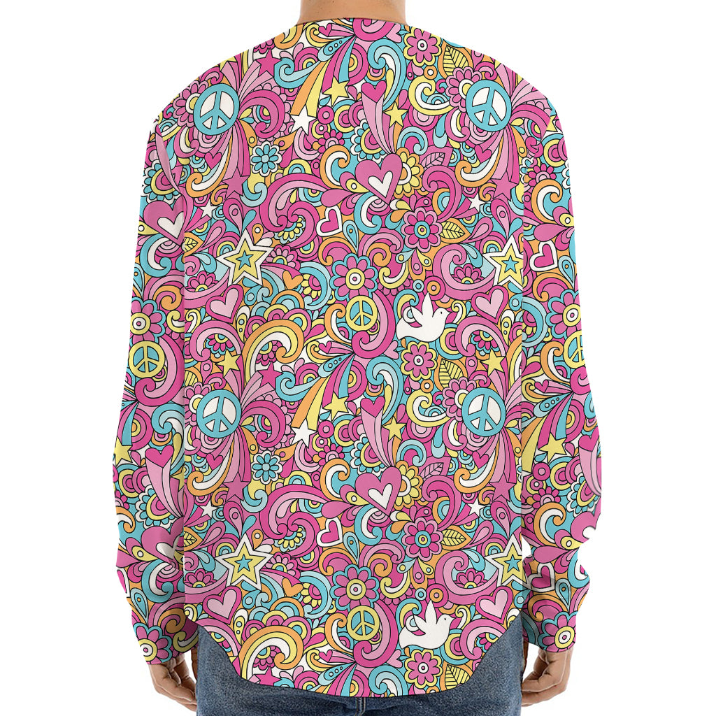 Groovy Girly Peace Pattern Print Long Sleeve Baseball Jersey