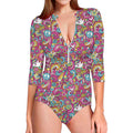Groovy Girly Peace Pattern Print Long Sleeve Swimsuit