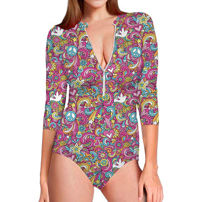 Groovy Girly Peace Pattern Print Long Sleeve Swimsuit