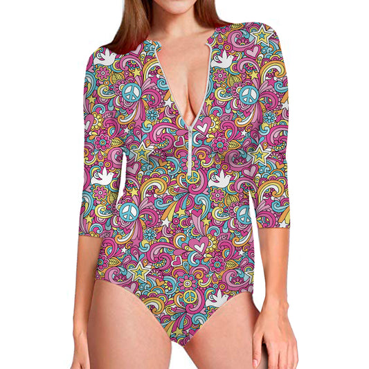 Groovy Girly Peace Pattern Print Long Sleeve Swimsuit