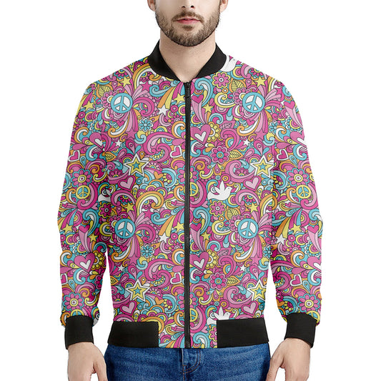 Groovy Girly Peace Pattern Print Men's Bomber Jacket