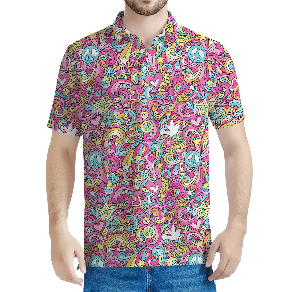 Groovy Girly Peace Pattern Print Men's Polo Shirt