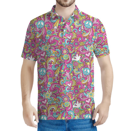 Groovy Girly Peace Pattern Print Men's Polo Shirt