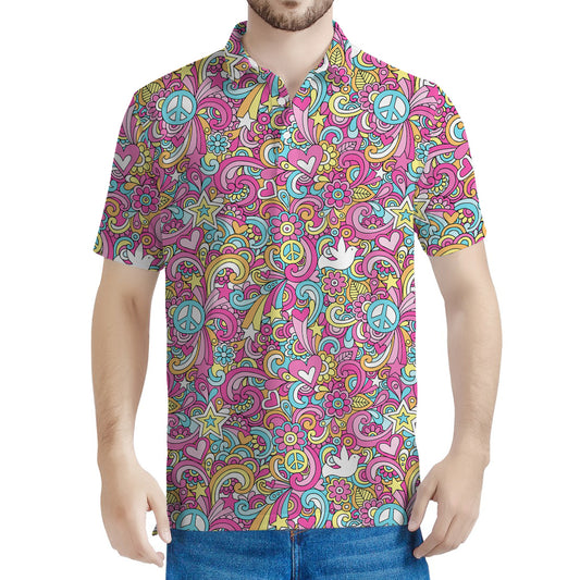 Groovy Girly Peace Pattern Print Men's Polo Shirt