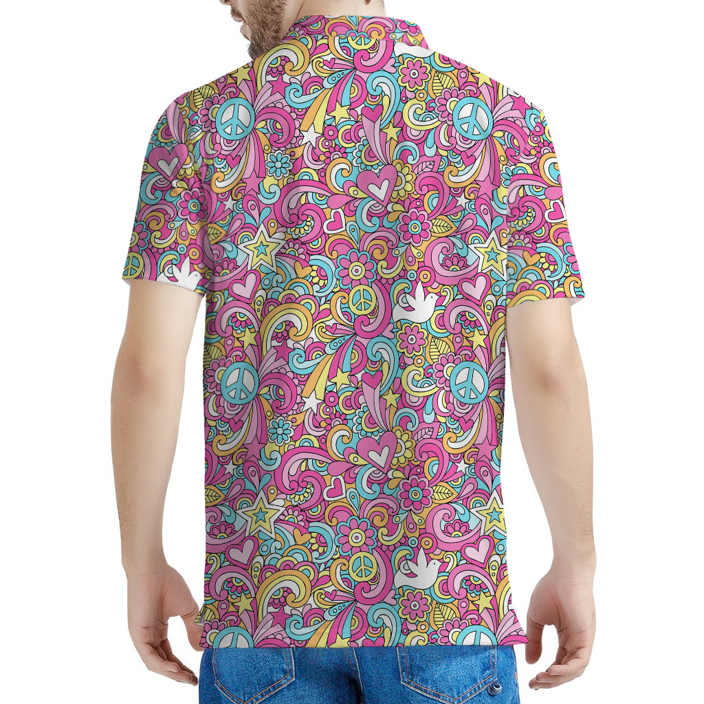 Groovy Girly Peace Pattern Print Men's Polo Shirt