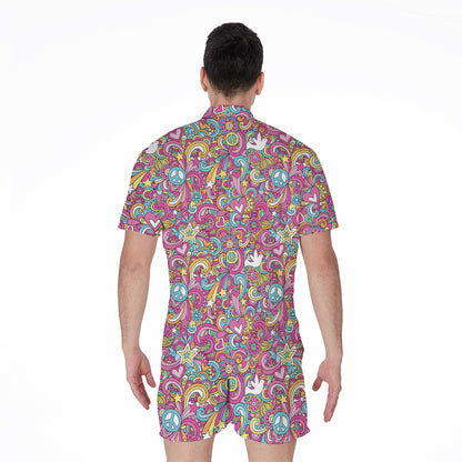 Groovy Girly Peace Pattern Print Men's Rompers
