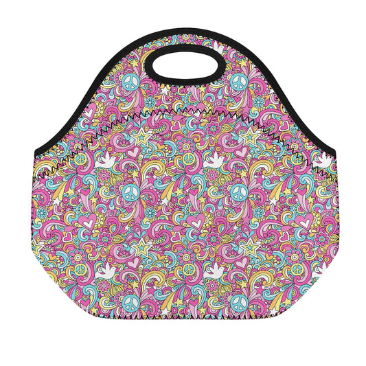 Groovy Girly Peace Pattern Print Neoprene Lunch Bag