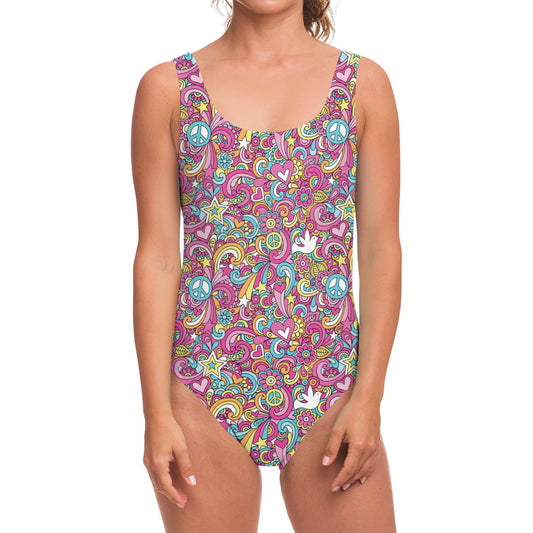 Groovy Girly Peace Pattern Print One Piece Swimsuit