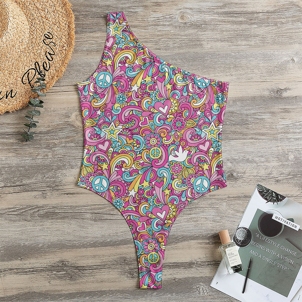 Groovy Girly Peace Pattern Print One Shoulder Bodysuit
