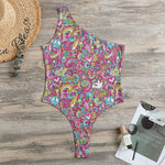 Groovy Girly Peace Pattern Print One Shoulder Bodysuit