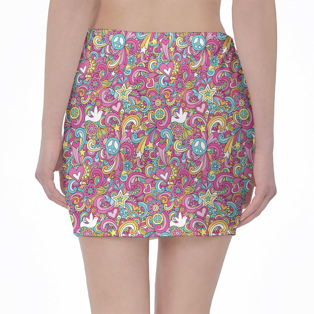 Groovy Girly Peace Pattern Print Pencil Mini Skirt