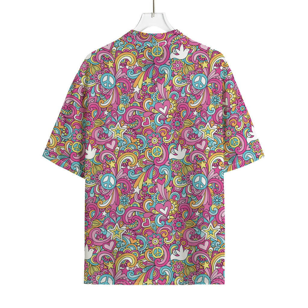 Groovy Girly Peace Pattern Print Rayon Hawaiian Shirt
