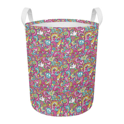 Groovy Girly Peace Pattern Print Round Laundry Basket