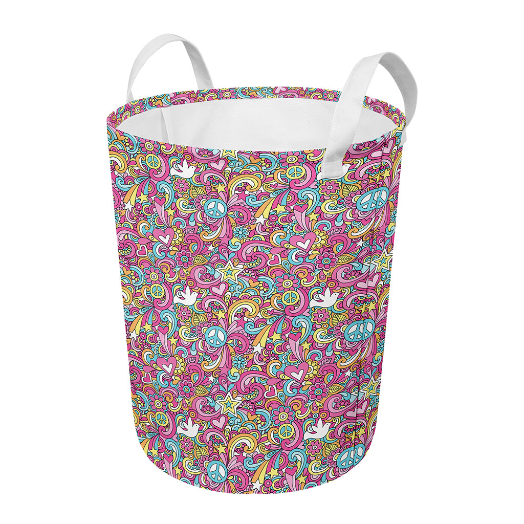 Groovy Girly Peace Pattern Print Round Laundry Basket