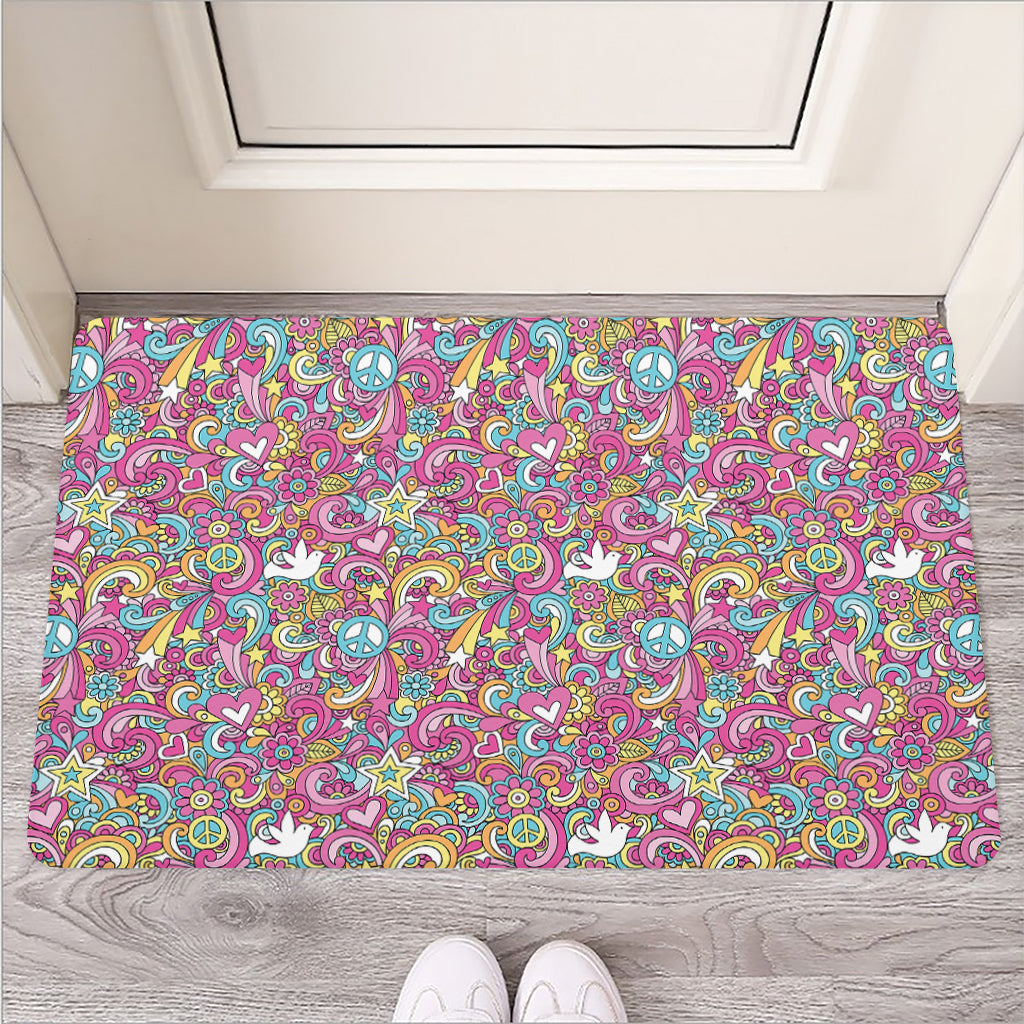 Groovy Girly Peace Pattern Print Rubber Doormat