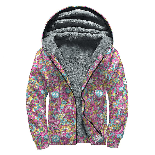 Groovy Girly Peace Pattern Print Sherpa Lined Zip Up Hoodie