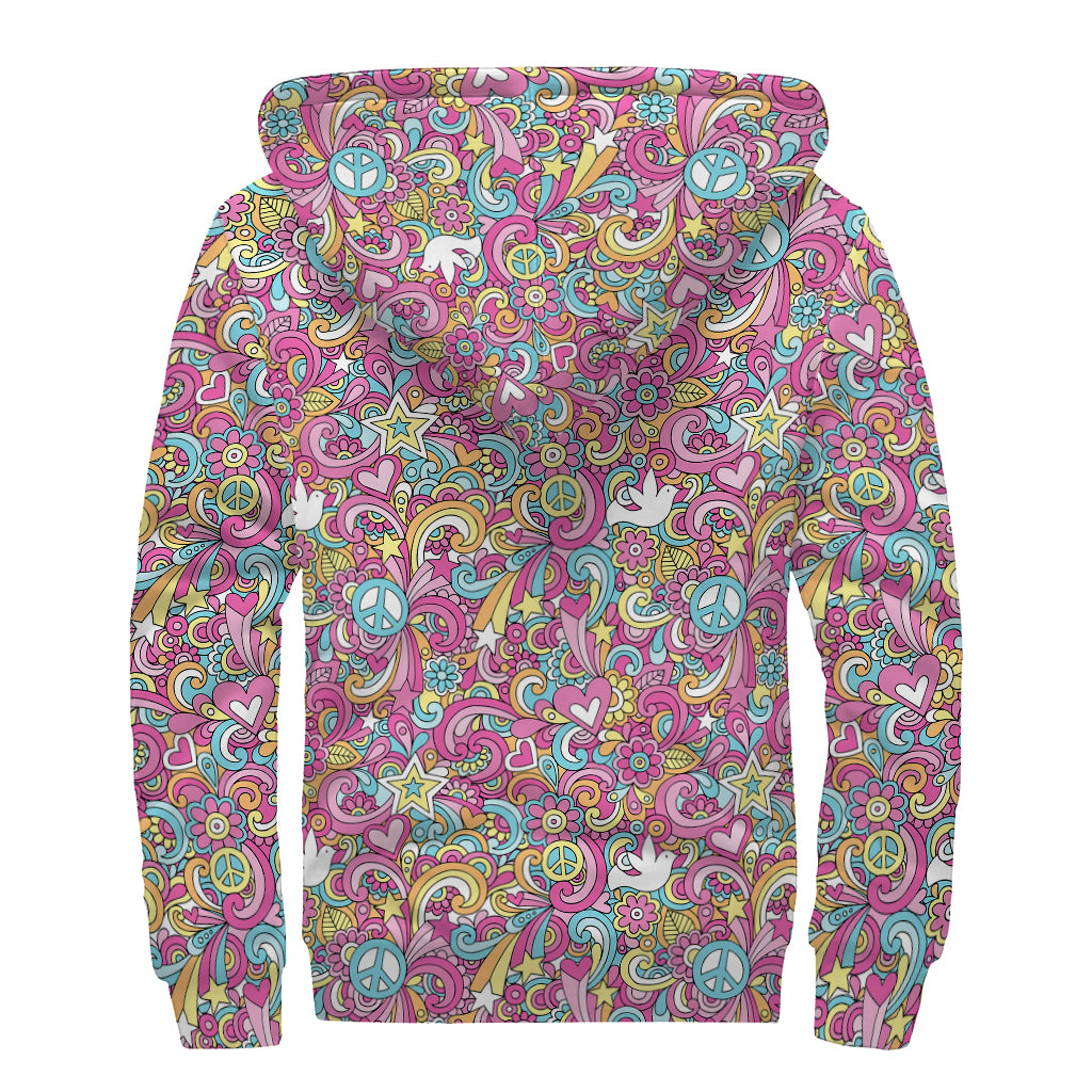 Groovy Girly Peace Pattern Print Sherpa Lined Zip Up Hoodie