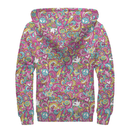 Groovy Girly Peace Pattern Print Sherpa Lined Zip Up Hoodie
