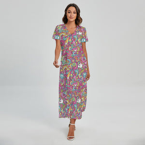 Groovy Girly Peace Pattern Print Short Sleeve Maxi Dress