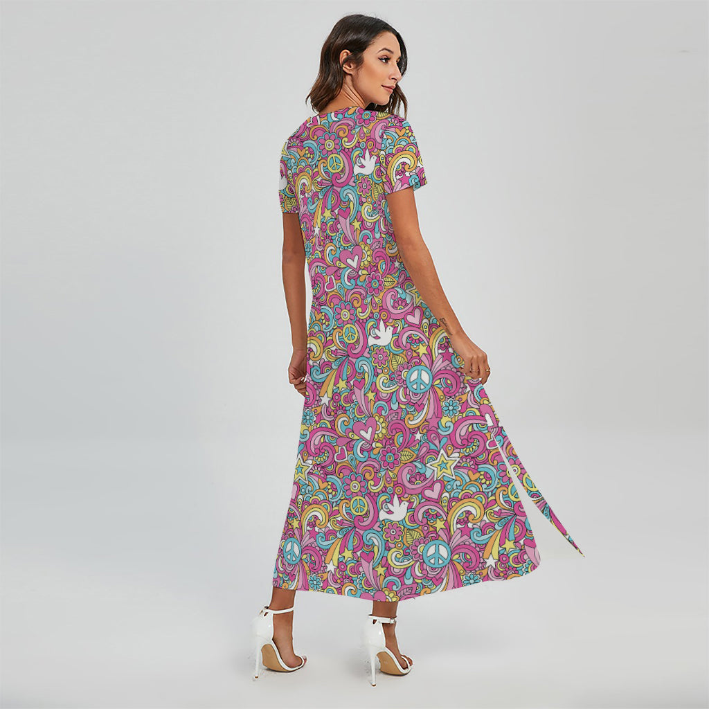 Groovy Girly Peace Pattern Print Short Sleeve Maxi Dress