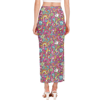 Groovy Girly Peace Pattern Print Side Slit Maxi Skirt