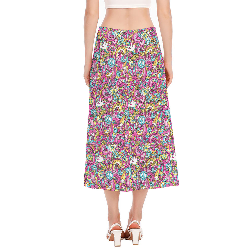 Groovy Girly Peace Pattern Print Side Slit Midi Skirt