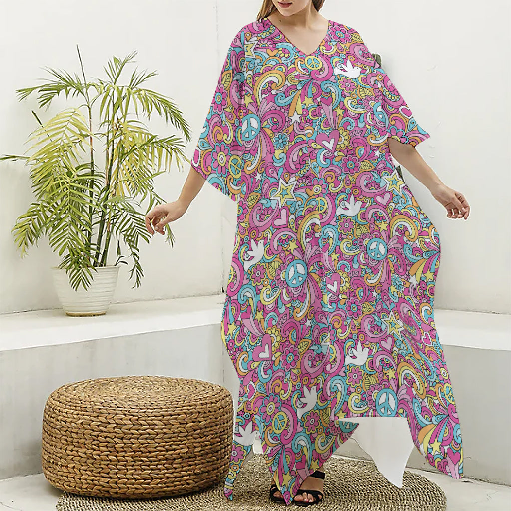 Groovy Girly Peace Pattern Print Silk V-Neck Kaftan Dress