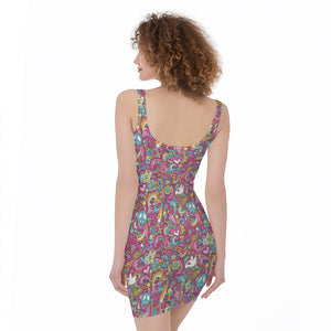 Groovy Girly Peace Pattern Print Sleeveless Bodycon Dress