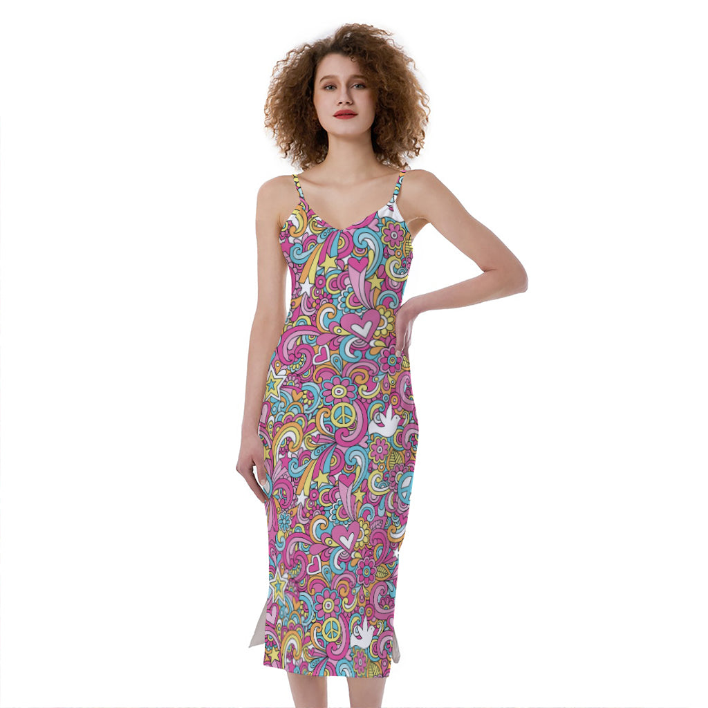 Groovy Girly Peace Pattern Print Slim Fit Midi Cami Dress