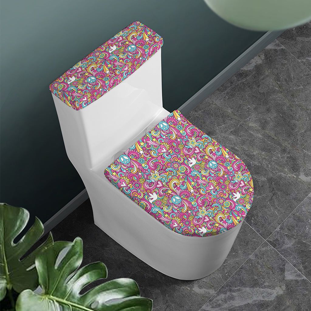 Groovy Girly Peace Pattern Print Toilet Lid And Tank Cover Set