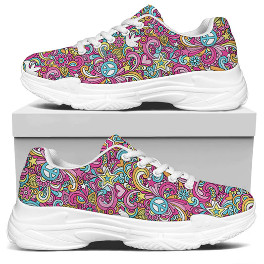 Groovy Girly Peace Pattern Print White Chunky Shoes