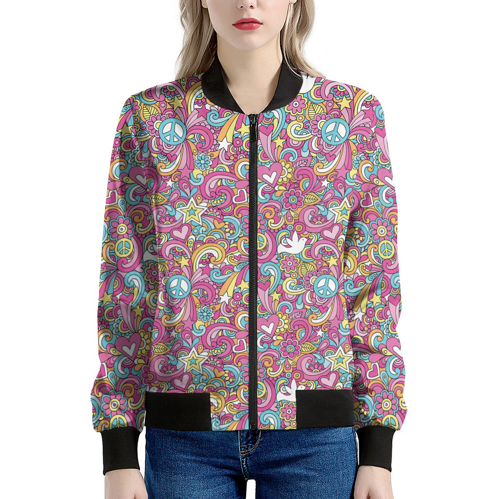 Groovy Girly Peace Pattern Print Women's Bomber Jacket