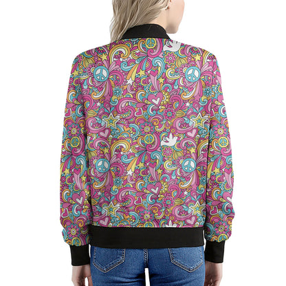 Groovy Girly Peace Pattern Print Women's Bomber Jacket
