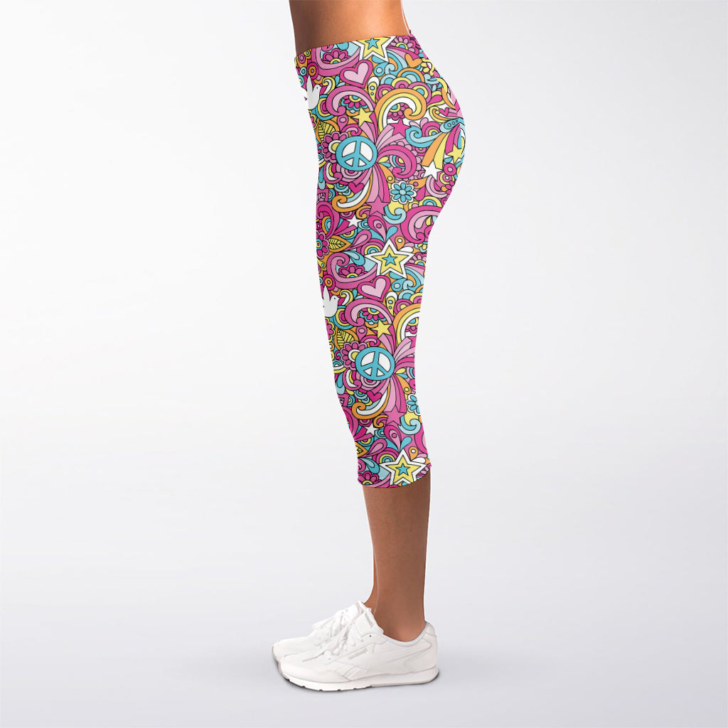 Groovy Girly Peace Pattern Print Women's Capri Leggings
